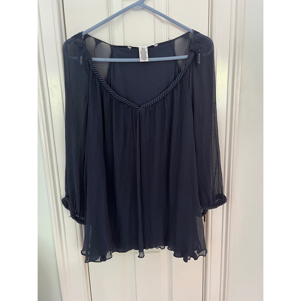 Diane von Furstenberg Navy Blue 100% Silk Crinkle Chiffon Braided Trim Blouse 12